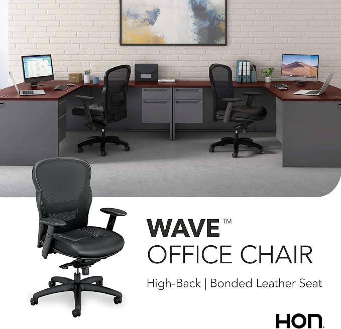 HON Wave Ergonomic Office Chair, Lumbar Support, Desk Chair, Black | Leather high back ergonomic office desk chair with lumbar support, adjustable arms, office decor, advanced tilt for comfort