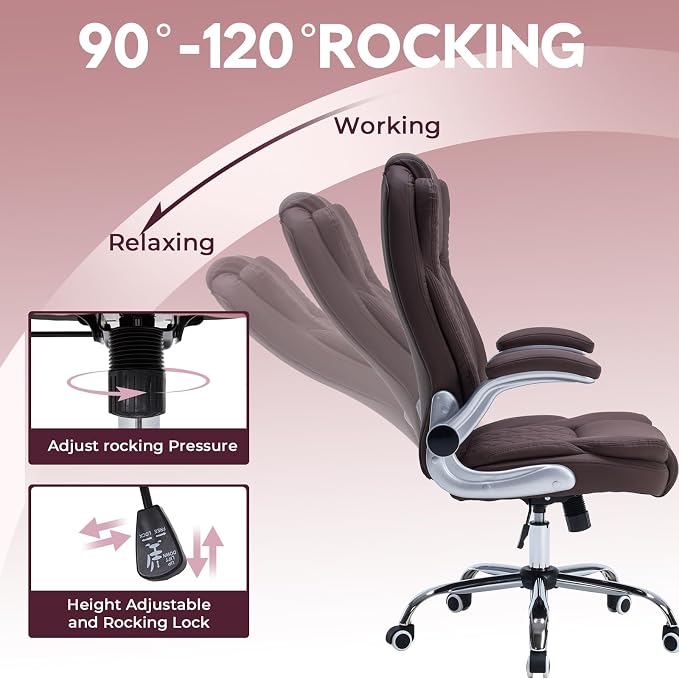 400lbs Executive Office Chair with Flip-Up Armrests, Big and Tall Computer Chair for Heavy People, Heavy Duty Ergonomic Comfy Chair, Breathable PU Leather (Darkbrown)