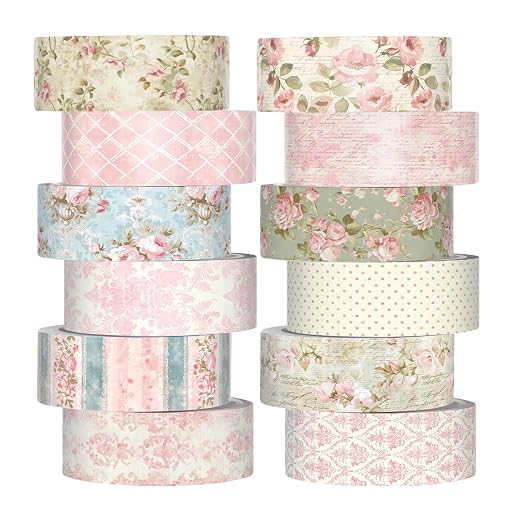 12 Rolls Watercolor Floral Washi Tape Set 15 mm Vintage Flower Decorative Masking Tape for Summer School Arts DIY Craft Scrapbook Journal Supplies Gifts(Vintage Pink,Rose)
