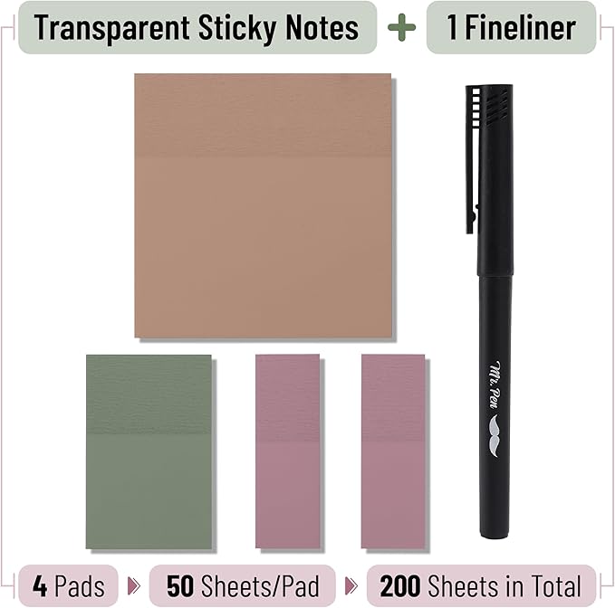 Mr. Pen- Transparent Sticky Notes with Pen, 200 Sheets, Moss & Mauve Collection, Bible Sticky Notes for Books