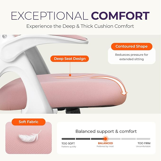 NEO CHAIR Office Desk Gaming Ergonomic Computer Chair with Lumbar Back Support Adjustable Height Swivel Rolling Wheels Flip-up Arms Mesh Chair for Home Vanity (Pink)