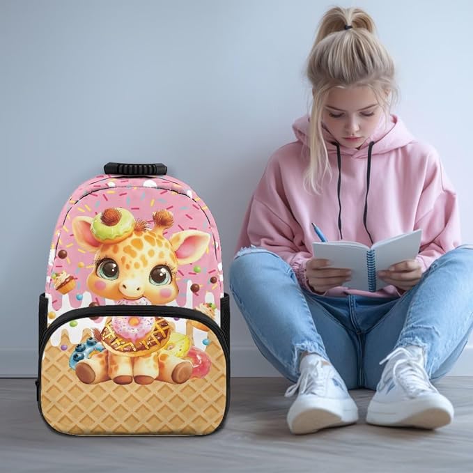 ZFRXIGN Ice Cream Giraffe Kids Backpack for Girls Bookbag with Pendant 17inch Elementary School Bag and Insulated Lunch Box Pencil Case Back to School Supplies