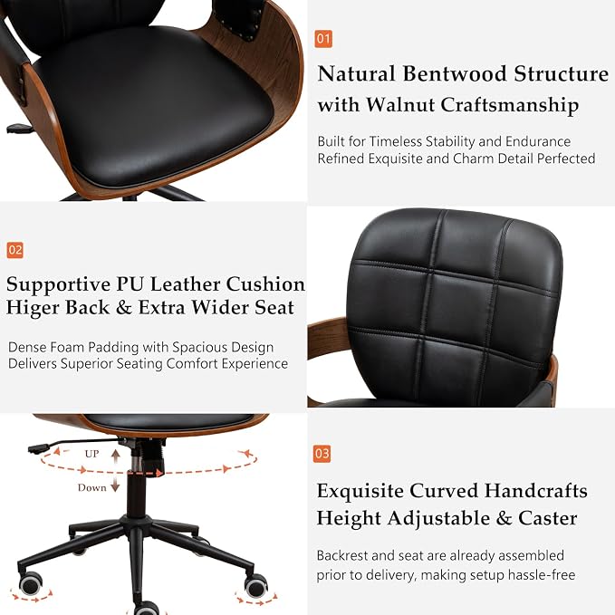 Conference Table Chair with Walnut Finish,Mid Century Modern Office Chair | Ergonomic Curved Back, Bentwood Frame, 360° Swivel & Rocking Function, Height Adjustable 19"-23", Support Up to 350lbs