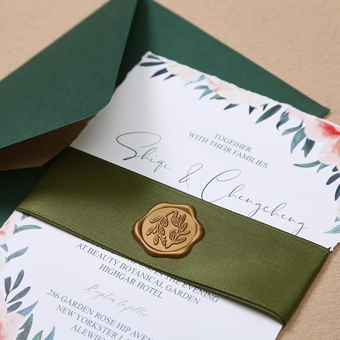 UNIQOOO Wax Seal Stickers - Olive Branch Wedding Invitation Envelope Seal Stickers, 50 Pcs Self- Adhesive Antique Gold Stickers, Perfect for Invitation, Christmas, Gift Wrapping