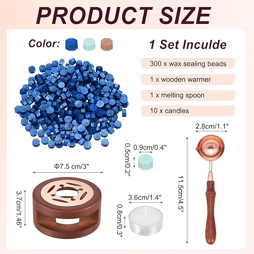 PATIKIL Wax Seal Kit, 300 Pcs Wax Sealing Beads, Wooden Warmer, Melted Spoon, 10 Pcs Tealight Candles for Envelope Letter Mailing Crafts DIY, Sea Blue/Snow Blue/Almond Skin