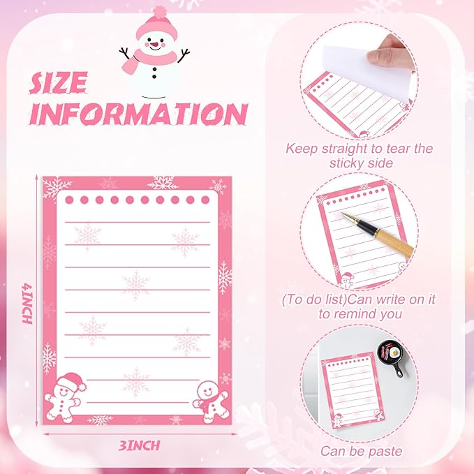 12 Pcs Christmas Sticky Notes Pink Christmas Notepad Santa Snowflake Snowman Self Adhesive Memo Pads Xmas Gift Cute Decorative Notepad Winter Party Favor for Office Winter Holiday Gift