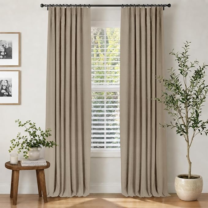 INOVADAY 100% Blackout Curtains for Bedroom, Burlywood Birch Black Out Curtains 80 Inch Long, Clip Rings Linen Blackout Drapes, Thermal Insulated Room Darkening for Living Room, 2 Panels - W50xL80