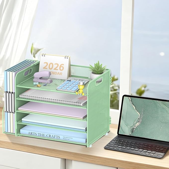 5-Tier Desk Organizer with File Holder, Paper Organizer, Mint Green | 5 Letter Trays and Vertical File Holder with Metal Mesh Frame for Papers Folders Books and Mail in Office Home or School