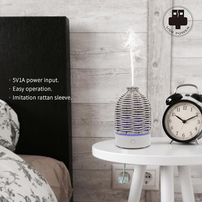 Essential Oil Diffuser - Multifunction Aromatherapy Diffuser 7 LED Color Changing Light 100ML Rattan Diffuser Easy to Clean Suitable for Home,Office (Grey)