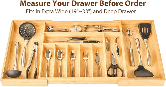Extra Large Expandable Kitchen Siverware Utensils Drawer Organizer, 19" Deep for Big Drawer, Adjustable Bamboo Wood Drawer Divider with Curved Grooves, Cutlery Tray Flatware Holder