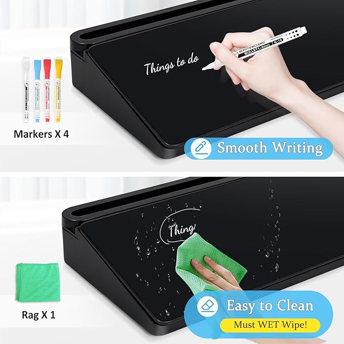 DOLLAR BOSS Glass Desk Whiteboard Small Dry Erase Board Desktop White Board with Storage Drawer Computer Keyboard Stand Desk Organizer Office Accessories School Supplies with 4 Markers 1 Rag, Black