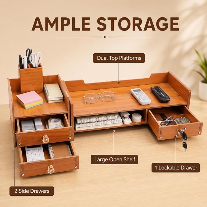 Wood Monitor Stand with Drawer - Tabletop Computer Rack Multi Compartment Home Desk Organizer w/3 Storage Drawers for Office Home Study