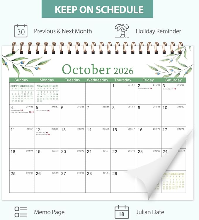 Desk Calendar 2026, Desktop Calendar 2026 Standing Flip Cover 12 Month(January - December), Small Desk Planner with Stickers & Notes for Office Accessories and Home School Supplies, Leaf