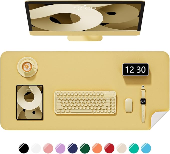 Desk Pad, 35.5" x 17" PU Leather Non-Slip Desk Mat Large Mouse Pad for Desktop, Waterproof Laptop Computer Writing Mat for Office, Home, Work, Gaming, Pale Yellow