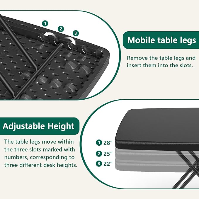 Folding Table 30 Inch -2Pack, Small Desk Adjustable Height TV Tray for Laptop, Couch, Camping - Heavy Duty Utility Foldable Table for Small Spaces, No Assembly Required, Black Granite
