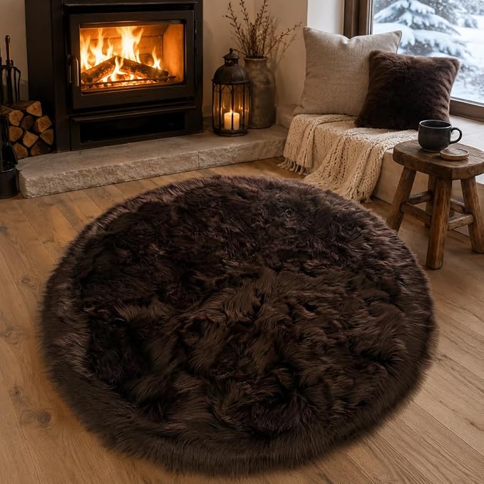 EasyJoy Faux Sheepskin Rug, Fluffy Faux Fur Rug, Ultra Soft Shag Area Rug with Non-Slip Backing for Bedroom, Living Room, Nursery, Kids Room(4 x 4 ft Round, Coffee)