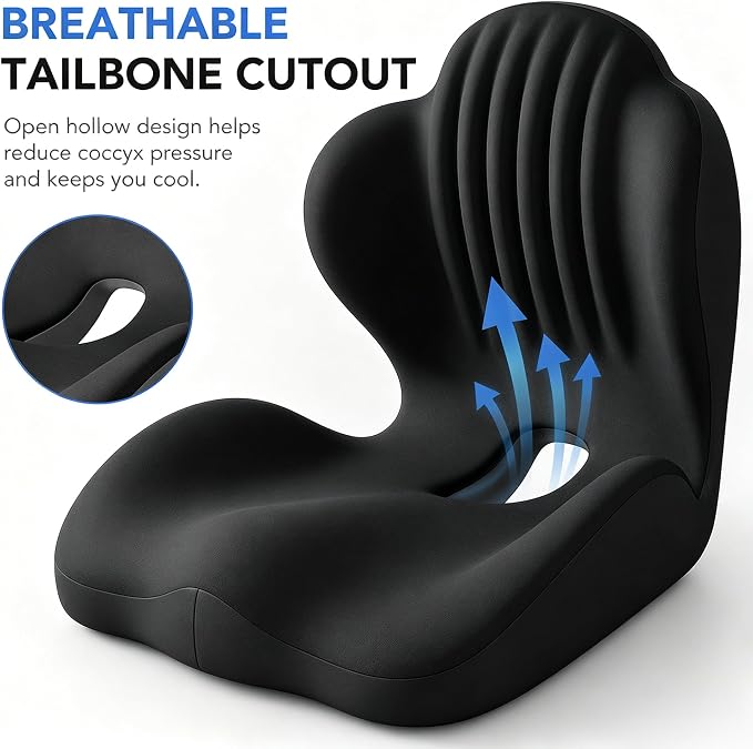 Non-Slip Ergonomic Seat Cushion for Office Chair, High-Density Memory Foam Desk Chair Cushions with Lumbar Support & Tailbone Pain Relief, Breathable Two-Tone Butt Pillow for Car, Gaming Chair - Black
