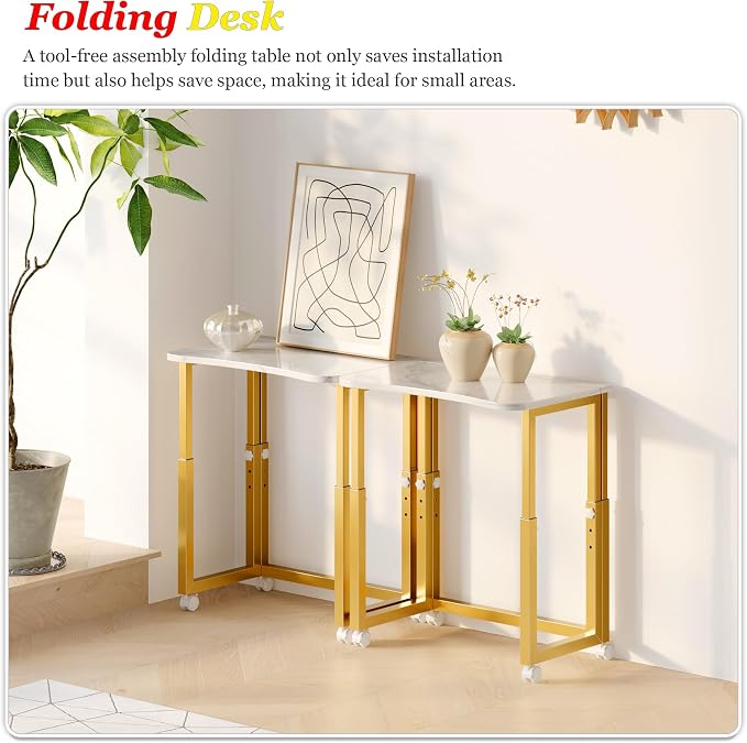 UDD No Tools Assembly Folding Desk, 23.6" Mobile Computer Desks with Wheels, Foldable Writing Fold Table, Portable Collapsible Work Craft Tables for Small Space Home Office Bedroom, White Gold