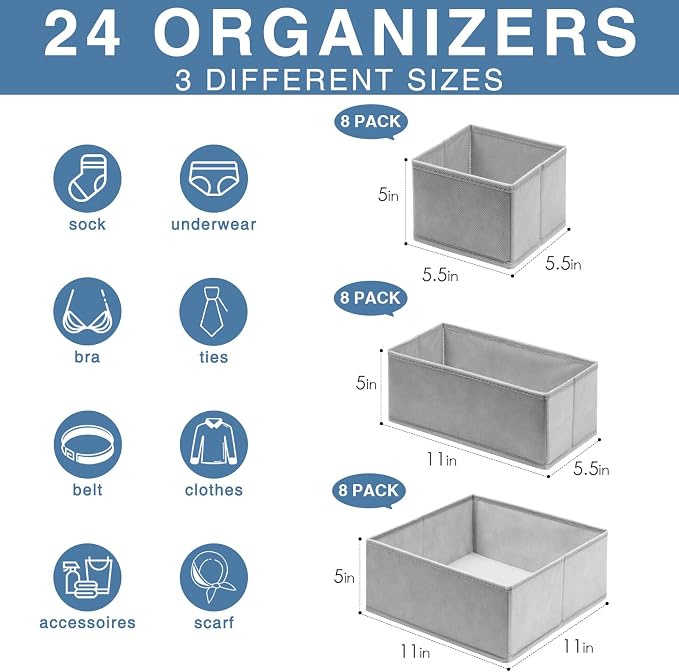 Drawer Organizer Clothes 24 Pack, Fabric Closet Organizers and Storage Bins for Underwear Sock, Odorless Dresser Drawer Dividers for Baby Nursery Organization (Grey)