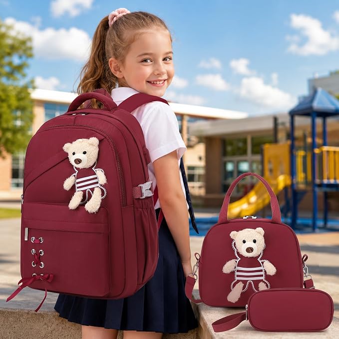 ACESAK School Backpack for Girls - 3 PCS Cute Girls Backpack with Lunch Box & Pencil Case - Kawaii Casual Kids Bookbag School Bag Daypacks Set for Elementary Middle High School Student Teens (Red)