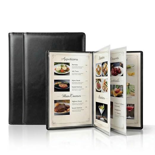 2-Pack Premium Vegan Leather Menu Cover 8.5 x 11, 4 Page 8 View Menu Folder with Clear Sleeves, Restaurant Menu Holder, Portfolio Binder, Sheet Music Folder, Hotel & Guesthouse Presentation Book