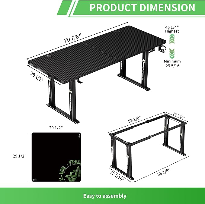 X-WIN Electric Height Adjustable Standing Desk, 71" x 31.5" Inch 4-Leg Ergonomic Sit to Stand Desk for Home Office, Powerful Dual Motor Work Desk with Locking Wheels, Carbon Fiber Textured Black