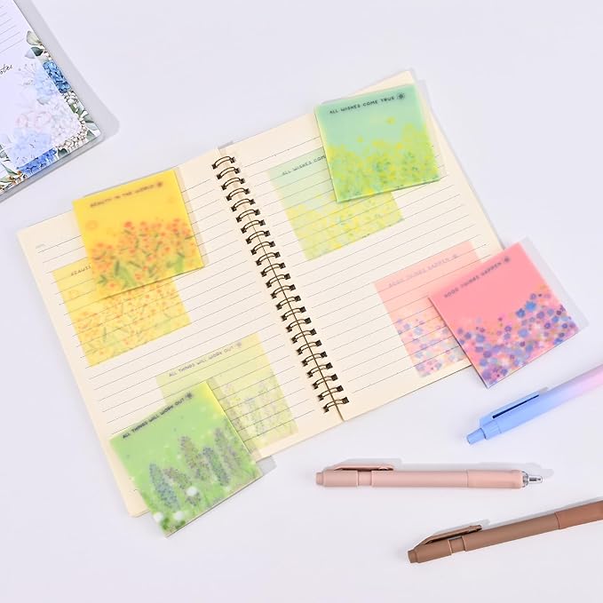 200 Sheets Transparent Sticky Notes, 3 x 3 Clear Self-Stick Note Glitter, Aesthetic Translucent Memo Pads, See Through Self-Adhesive Note for Office School (Multicolored Flower)