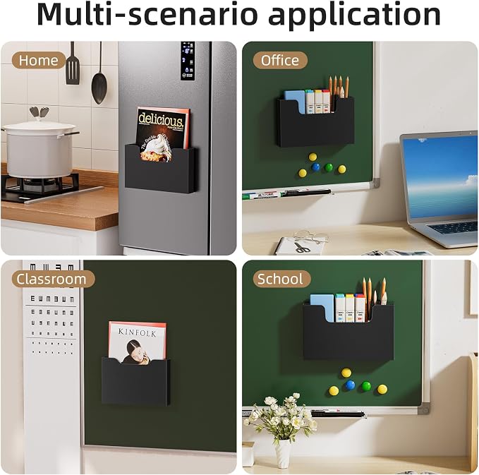 Marbrasse Magnetic File Holder, Magnetic Hanging Wall File Organizer, Pocket Paper Magazine Mail Organizer for Refrigerator,Notebooks,Planners,Letter (Black)