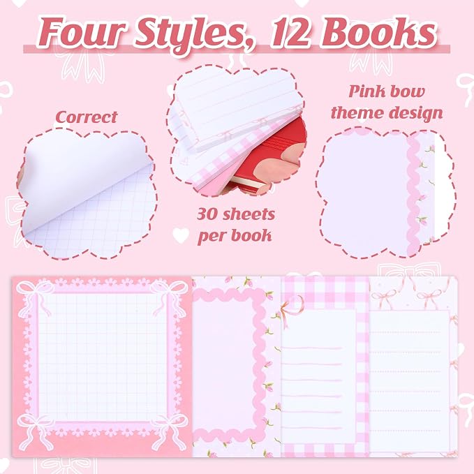 12 Pcs Coquette Bow Sticky Notes, 3x3 Inch Pink Note Pads Set | pink ribbon bow sticky notes. Self-stick adhesive pads perfect for school, office, journaling, and daily planning