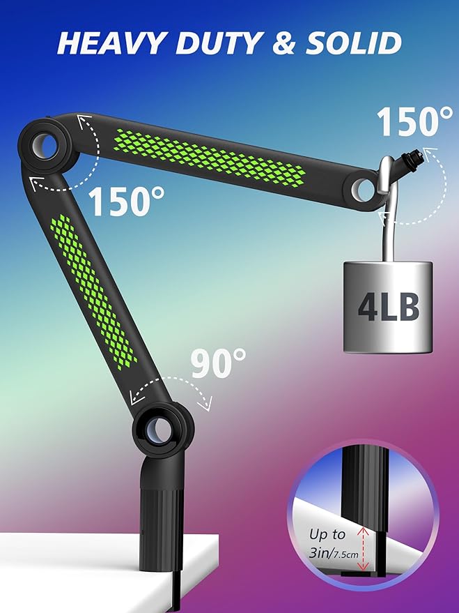 YOUSHARES RGB Mic Arm, Adjustable Boom Arm with RGB Control, Multiple Adapters, Compatible with Blue Yeti, HyperX，FIFINE AM8, Shure Mic，Rode and More, Perfect for Podcasting, Streaming and Gaming