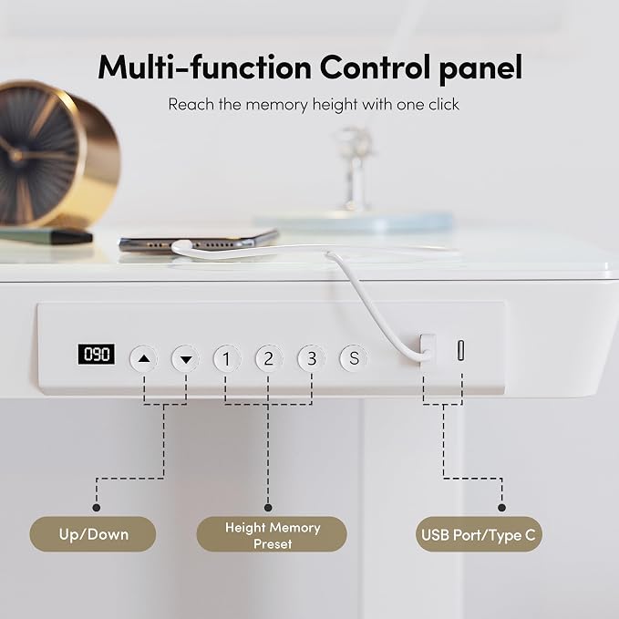 BANTI Electric Standing Desk with Drawers, 48 inch Whole-Piece Glass Desktop, Height Adjustable Stand up Sit Stand Home Office Ergonomic Workstation, White Tabletop