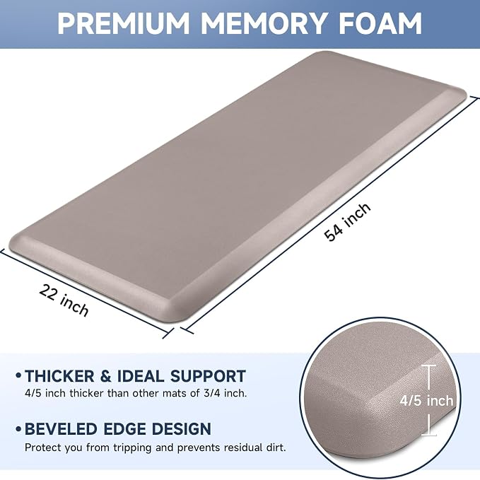 4/5 Inch Thick Kitchen Mats for Floor, StepRite Kitchen Rug for Standing Desk, Non-Slip, Thicker, Stain & Water Resistant, Comfort Anti Fatigue Floor Mat for Home, Kitchen, Office - Khaki,54 * 22''