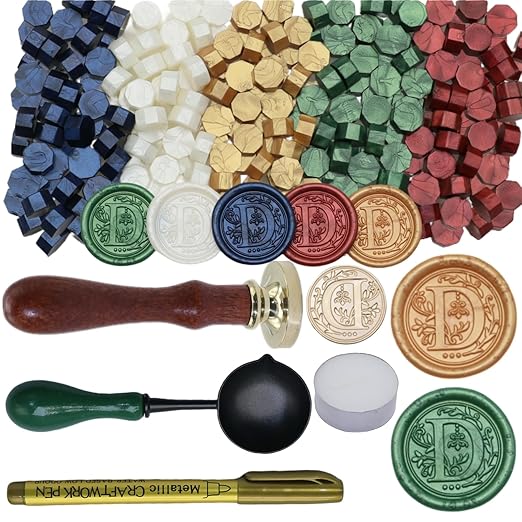 Initial Alphabet Wax Seal Stamp Kit, Retro Letter Sealing Stamp with 150Pcs Sealing Wax Beads Spoon Pen Set for Wedding Invitations Cards Envelopes (D)