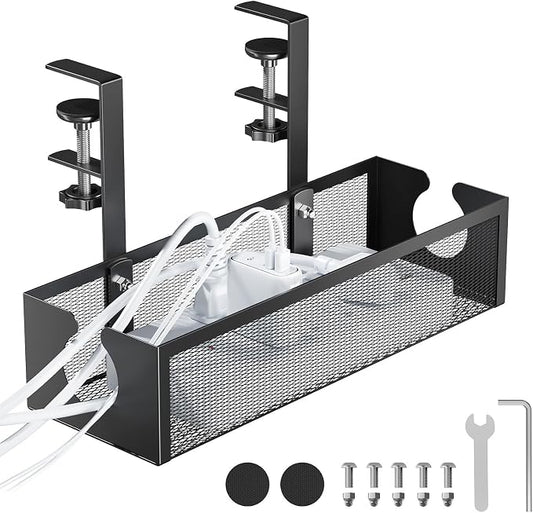 YECAYE No-Drill Metal Under Desk Cable Management Tray, Power Strip & Cable Organizer for Home Office,Under Desk Storage,Organizer Tray,Black