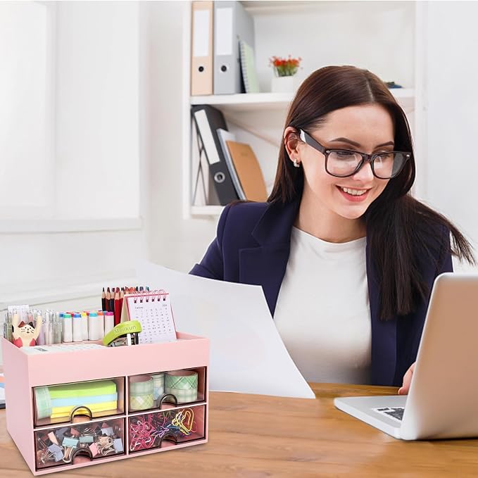 Meiikun Desk Organizer, Office Organizer with Drawer, Desk Accessories & Workspace Organizers, Pen Holder Office Supplies for Desk (4 Drawers+4 Compartments, Pink)
