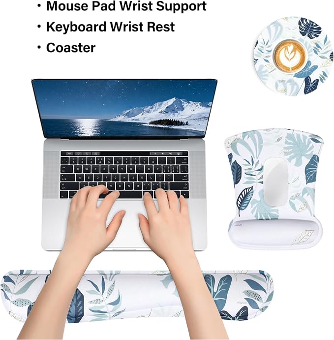 MOSISO Wrist Rest Support for Mouse Pad&Keyboard Set | Watercolour Monstera Leaves Mousepad Non-Slip Base Home/Office Pain Relief&Easy Typing Cushion with Soft Cloth&Memory Foam