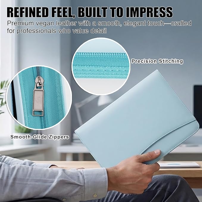 OOWOLF Padfolio Portfolio Folder, PU Leather Professional with 1 inch 3 Ring Binder 8.5 x 11 Letter Size Writing Pad Interview Resume Document Organizer Business Card Holder Zippered Closure Blue