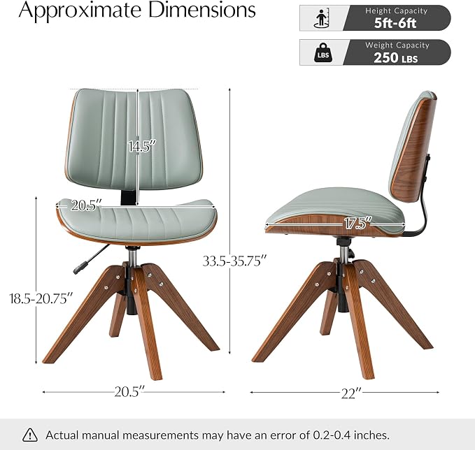HULALA HOME Faux Leather Home Office Desk Chair No Wheels, Sage | Mid-Century Modern Desk Chair with Wood Legs, 360° Swivel Computer Task Chair with Channel-Tufted Backrest, Height Adjustable