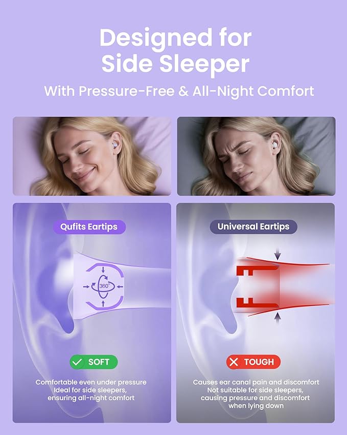 Dream Ear Plugs for Sleeping, 23dB Noise Reduction Silicone Ear Plugs with Patented Qufits Eartips and Carry Case, Reusable Earplugs for Sleep, Work, Deep Focus and Travel - Violet