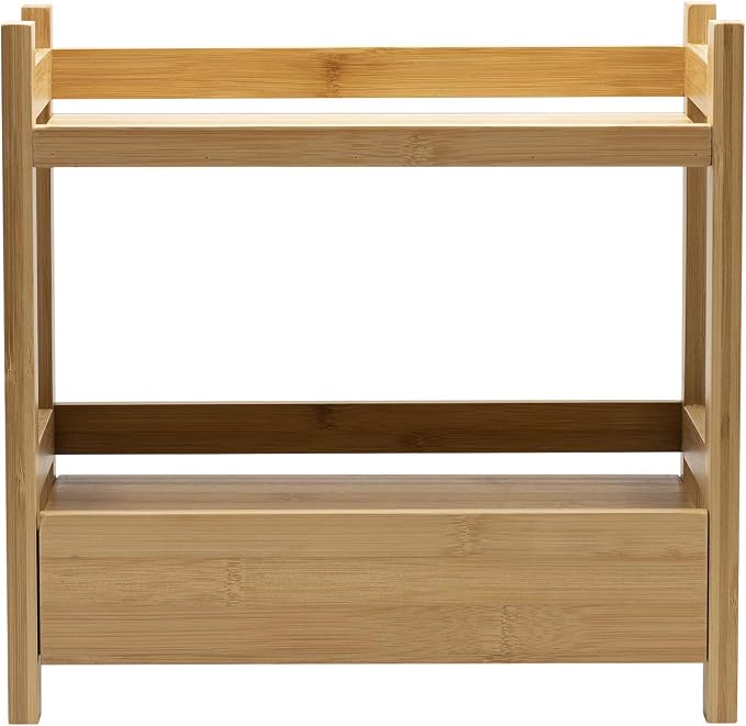 Sorbus 2-Tier Bamboo Countertop Shelf with Hidden Drawer for Vanity, Matcha Shelf, Bathroom Storage Cabinet, Under Sink Organizer, Bathroom Storage, Matcha Station Shelf (13″ L x 6.5″ W x 12.6″ H)