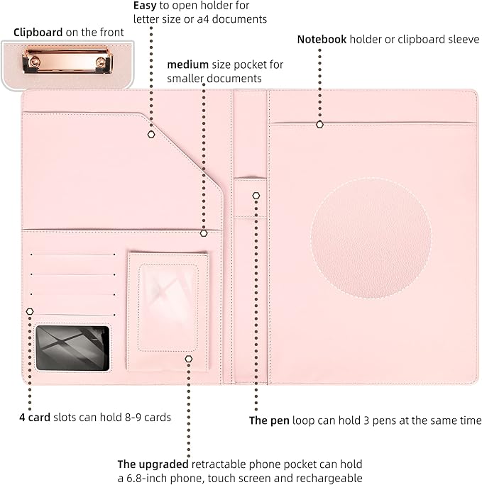 Leather Portfolio Organizer Women Clipboard with Storage Pink Clip Board for Notepad,Phone,Cards