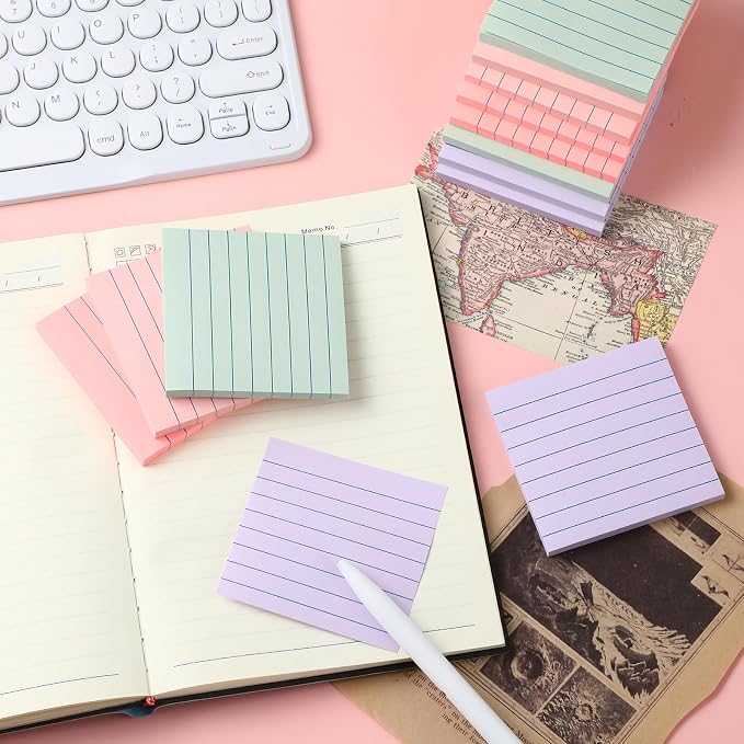 AmazingSpark 12 Pack Lined Sticky Notes 3x3 inch Post Ruled Stickies Super Self Stick Power Memo Pads Multi Colors Notes Pads Vintage Aesthetic School Office Supplies Accessories(Macarons)