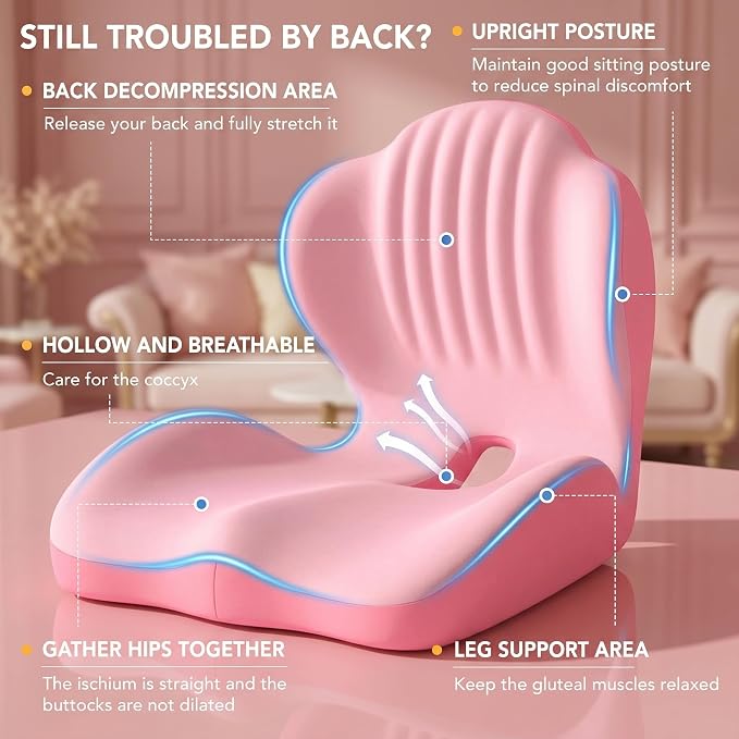 Ergonomic Seat Cushion with Lumbar Support (Pink) | Office Chair Seat Cushion, Memory Foam Orthopedic Cushion with Tailbone Hollow, Sciatica & Back Pain Relief for Long Sitting