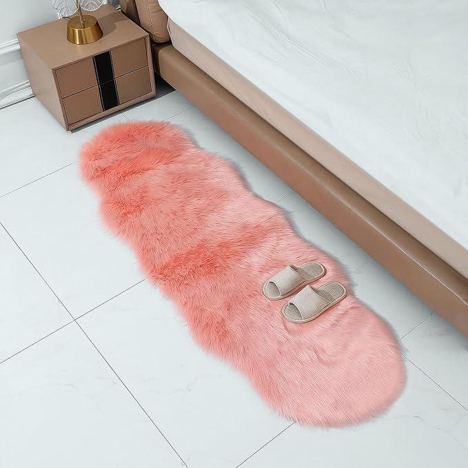 linmopm Faux Fur Sheepskin Rug, Pink, 2x6 ft Runner | Shag Fluffy Fuzzy, High-Density Cushion, For Bedroom Bedside Living Room, Plush Carpet