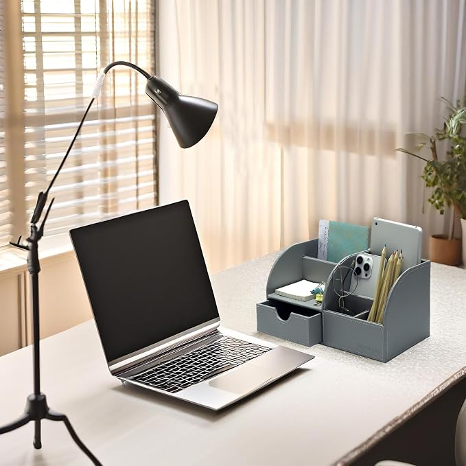 UnionBasic Desk Organizer - Multifunctional Leather Desktop Pen Holder Storage Box - Business Card/Pen/Pencil/Mobile Phone/Stationery Holder, Grey | Pen Holder Storage Box, Business Card/Pen/Pencil Holder, Mobile Phone Holder, Stationery Holder