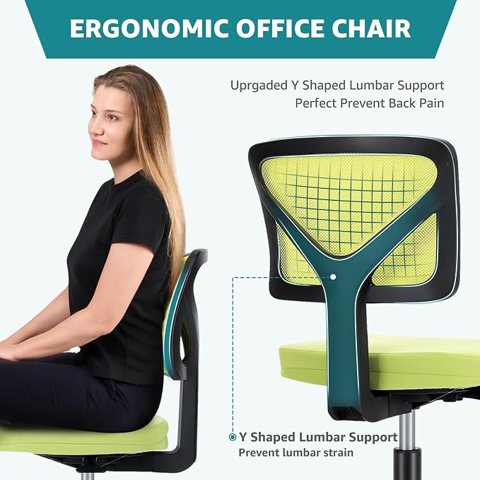 OLIXIS Armless Office Chair, Ergonomic Desk Chair with Wheels, Mesh Back, Removable Washable Foam Cushion, Height Adjustable Rolling Swivel Chairs for Small Space, Home, Office, Green