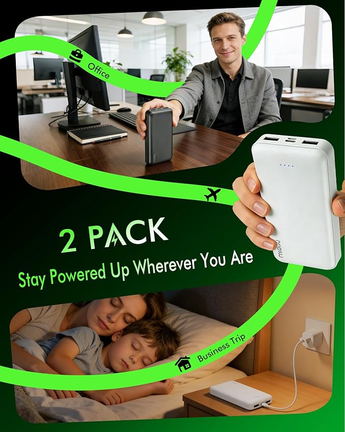 Miady 2-Pack Portable Charger PD 22.5W Power Bank 20000mAh Battery Pack | 74Wh丨Fast Charging丨3 Outputs 2 Inputs丨High Capacity丨Compatible with iPhone 17 iPad Android etc丨for Travel Camping丨Black+Black