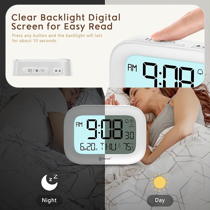 Geevon Travel Alarm Clock Battery Operated with Temp & 10s Backlight | 3 Inch LCD Display Clock, Portable with Snooze, Perfect for Home Office Kitchen Bedroom Outdoor, Nice Gift for Any Occasion