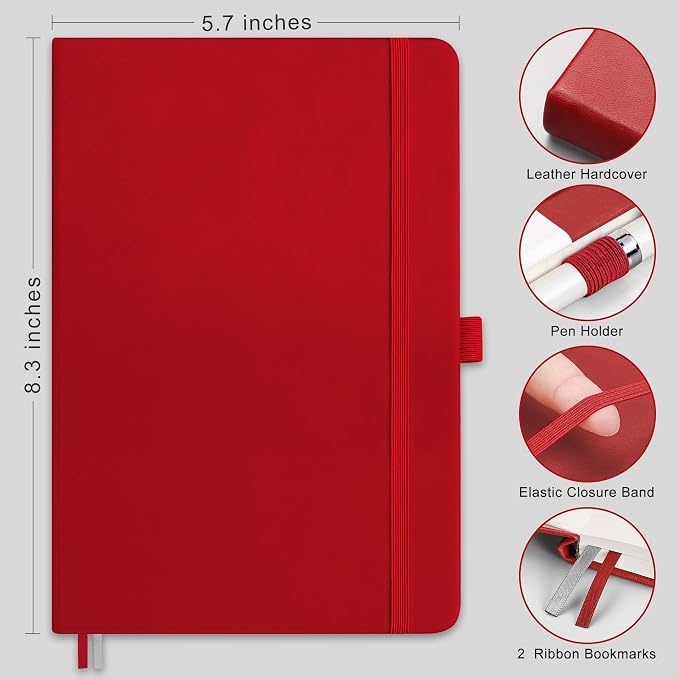 AHGXG Dotted Journal Notebook, 160 Numbered Pages, A5 Medium Size (5.7'' x 8.3''), 120 GSM Thick Paper, Leather Hardcover, for Journaling, Planning, Tracking (Red)