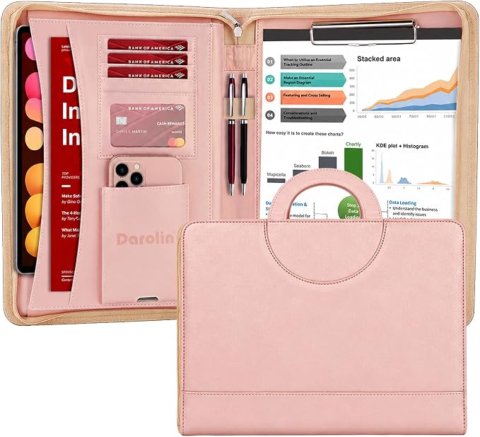 Darolin Vegan Leather Padfolio Portfolio with Handle, Zipper -Rosegold | Business Portfolio Organizer for Meetings, Interviews, Travel, Resume, Clipboard Fits A4, Letter Size, Padfolio for Men Women